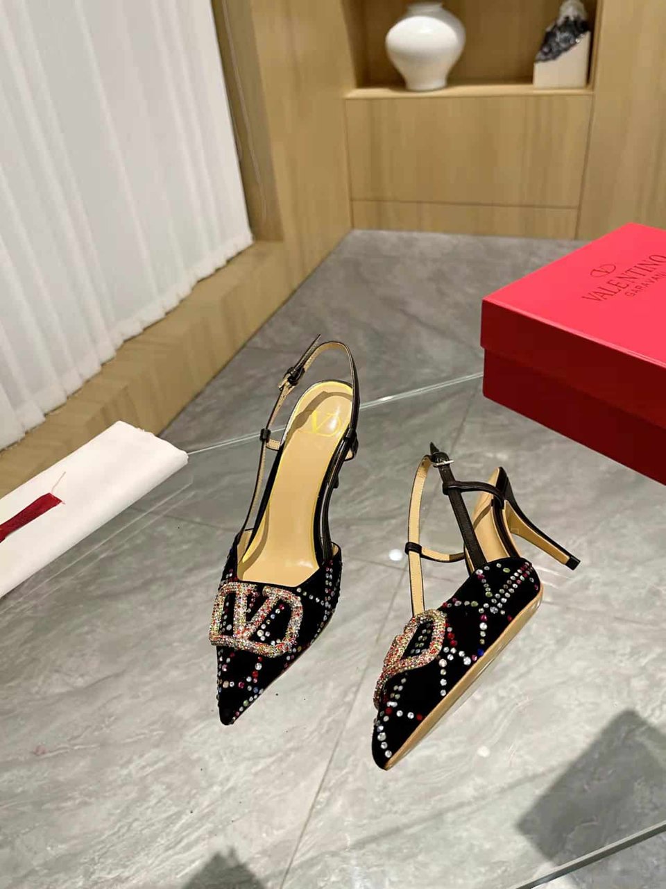 Valentino Vlogo Signature Back Strap Crystal High Heels Black view 9