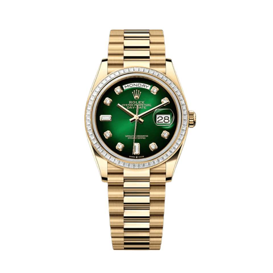 Rolex Yellow Gold Day-Date Diamond Bezel Onyx Green Dial President Bracelet 40mm view 2