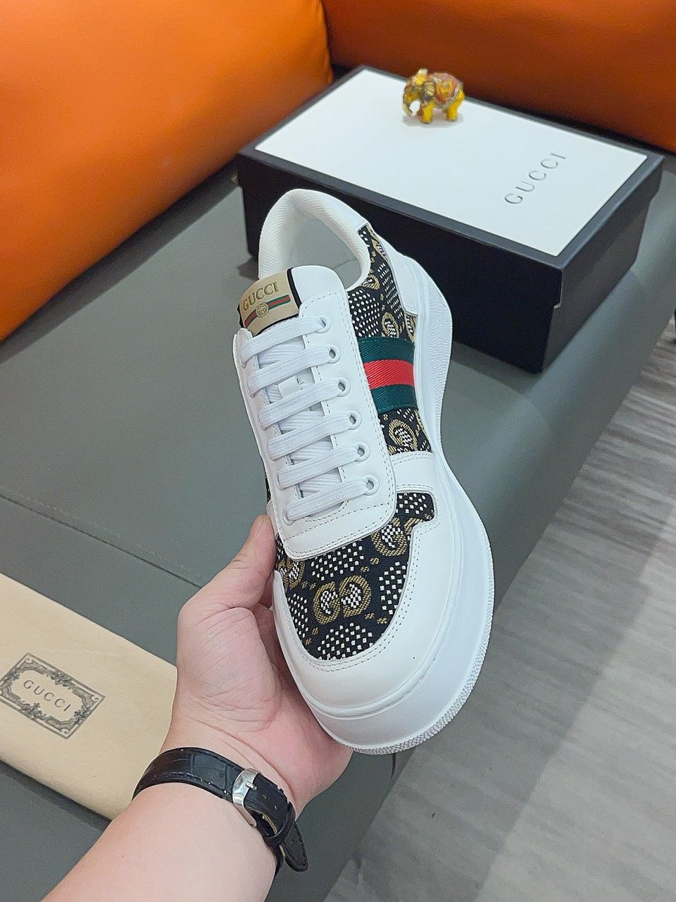 Gucci Screener Gg High Top Sneaker In White And Black view 5
