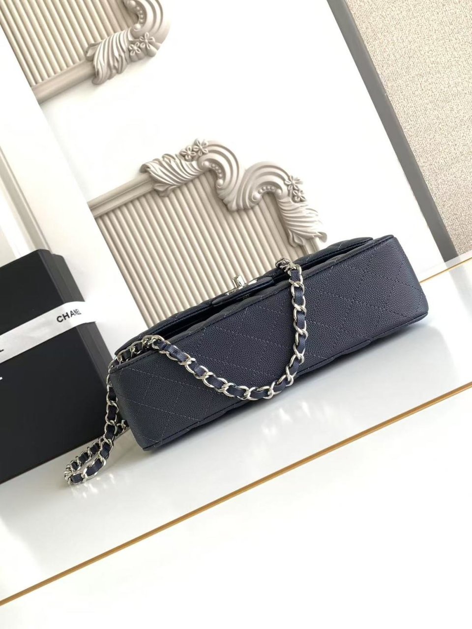 Chanel Classic Flap Bag 25 cm Navy Blue Silver-Tone Hardware A01112 view 10