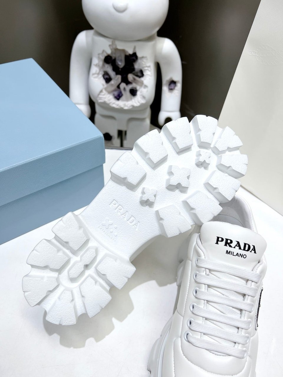 Prada Soft Padded Nappa Leather Lace Up Shoes White view 5