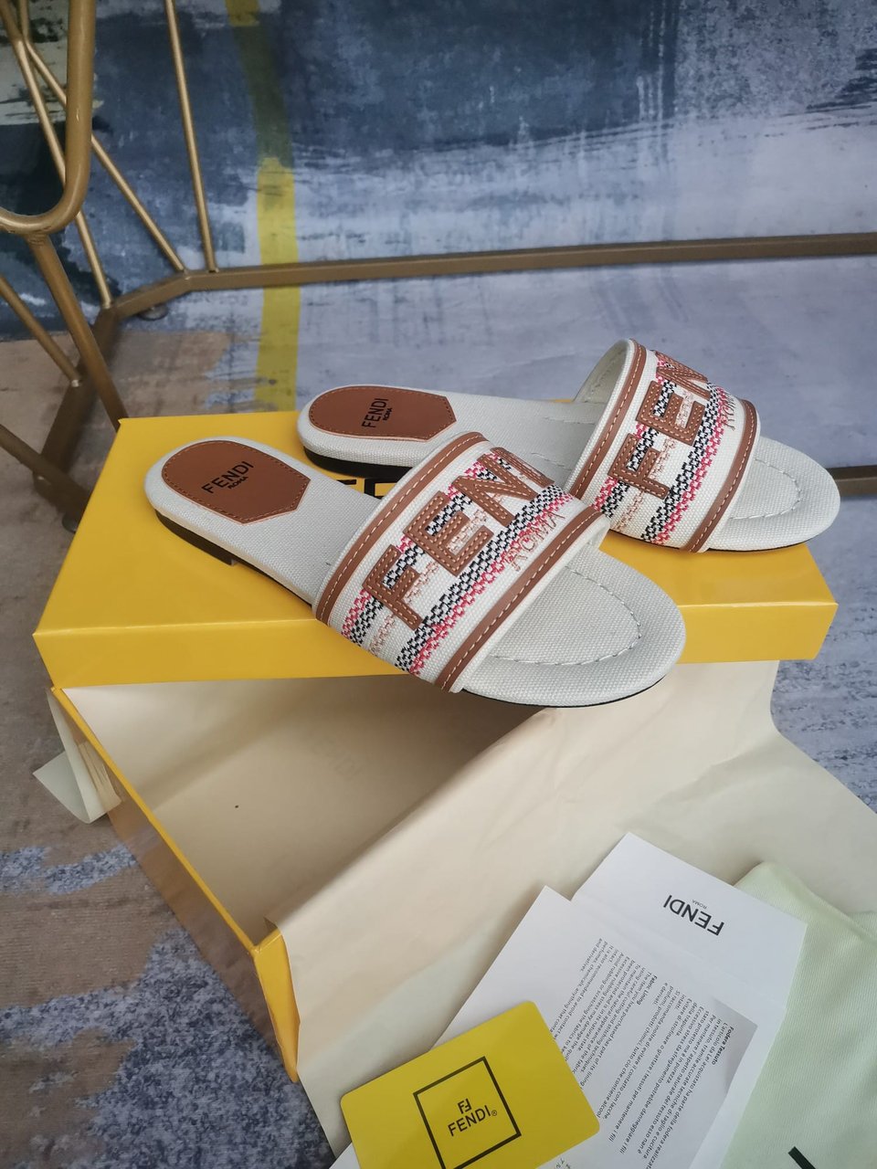 Fendi Signature Beige Canvas Slides 8R8092Ao0Xf1Lru view 4