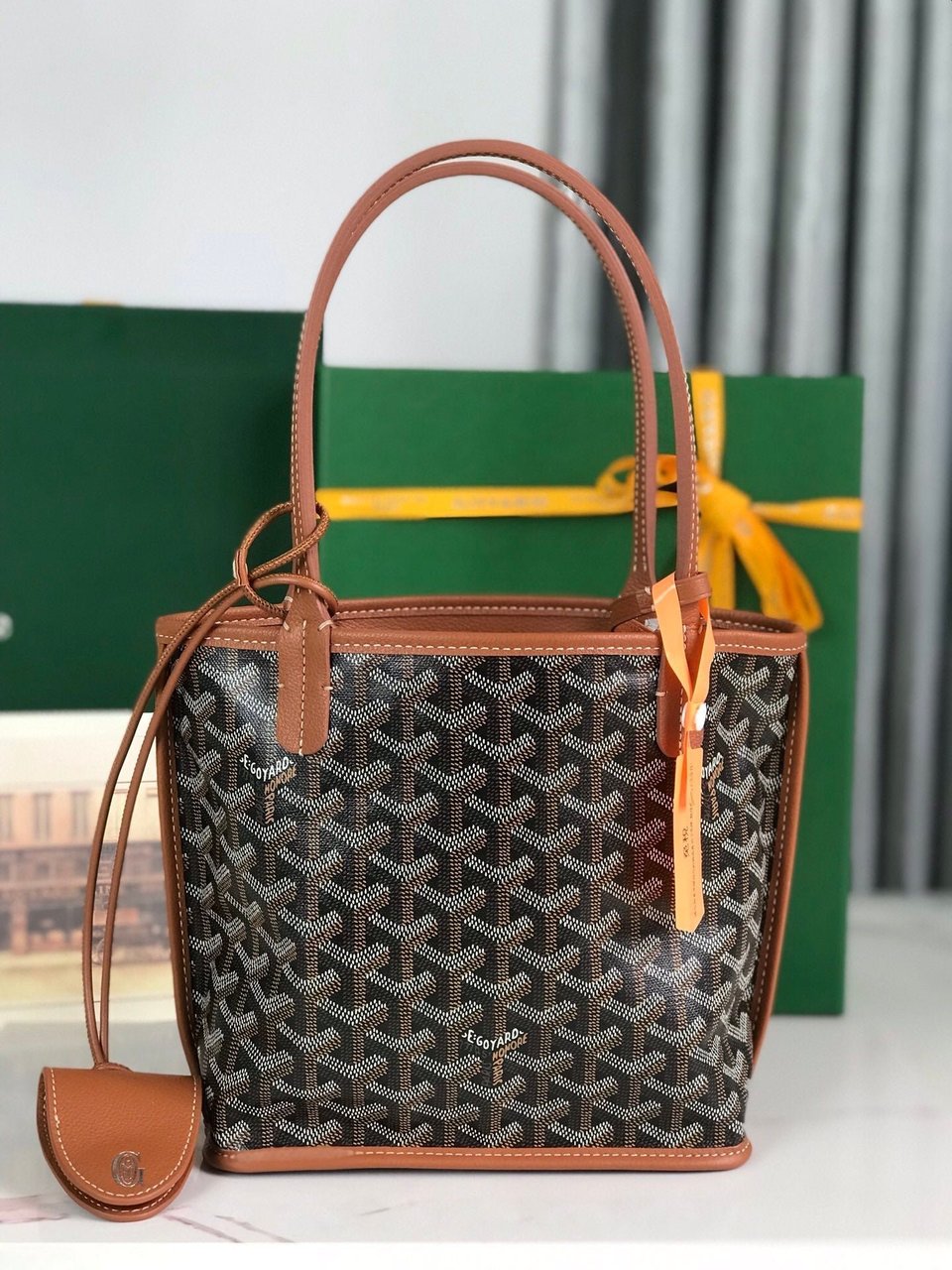 Goyard Anjou Mini Bag 20 Cm Tan Calfskin And Black Goyardine Canvas view 10