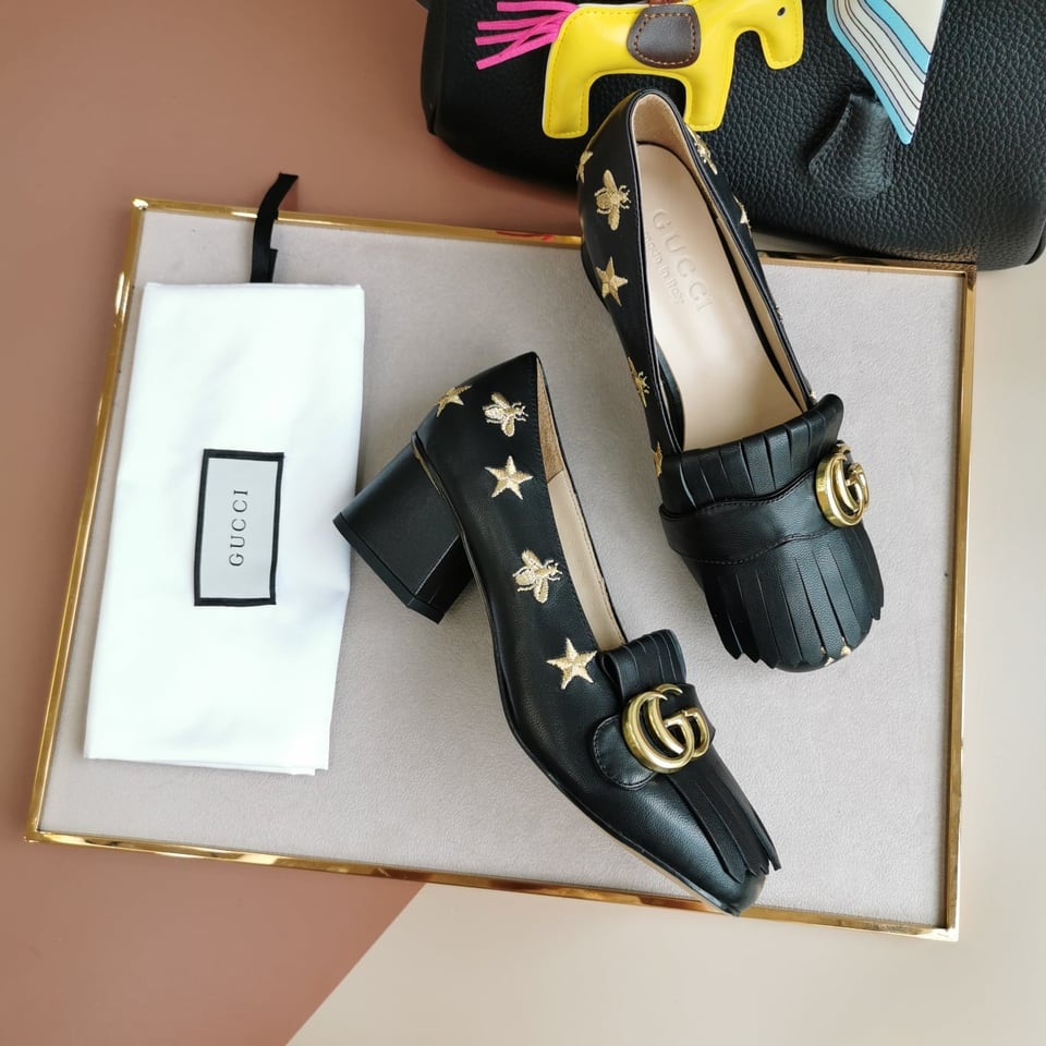 Gucci Embroidered Bee Star Leather Mid-Heel Pump Black view 10