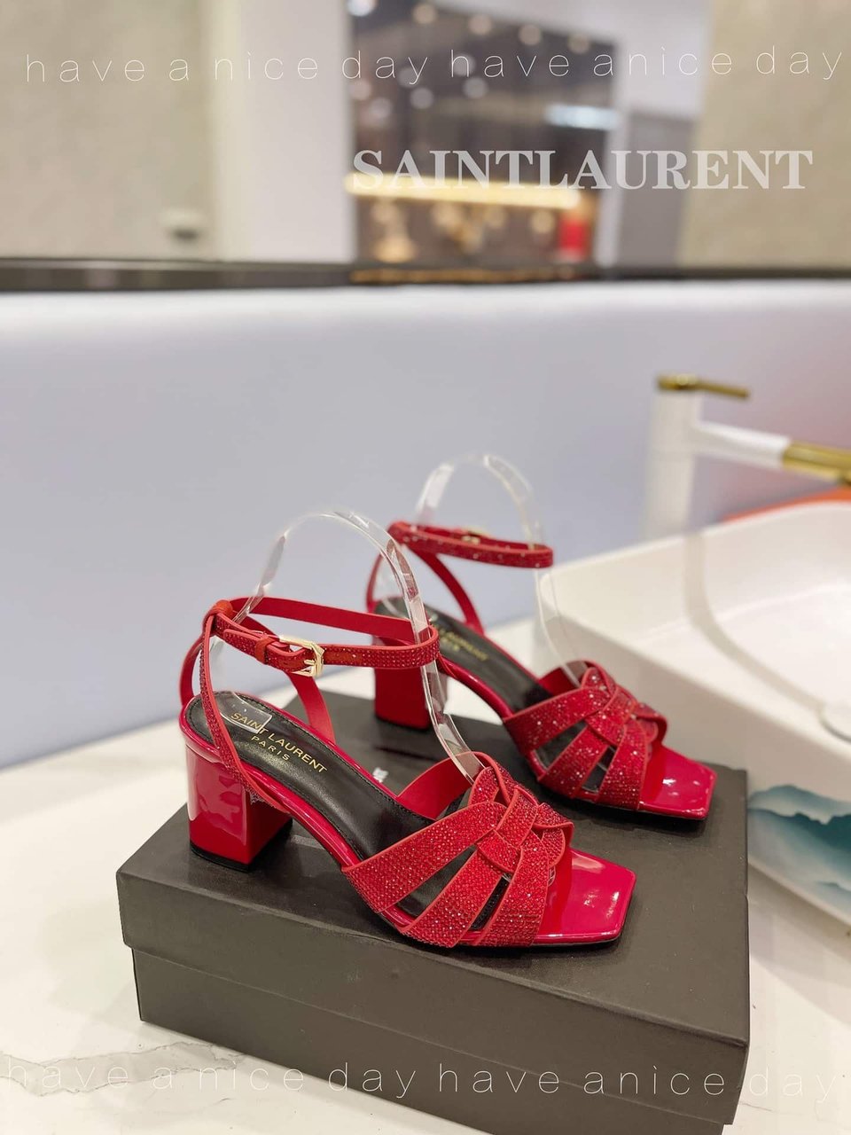 Saint Laurent Tribute Leather Sandals Metallic Red view 6