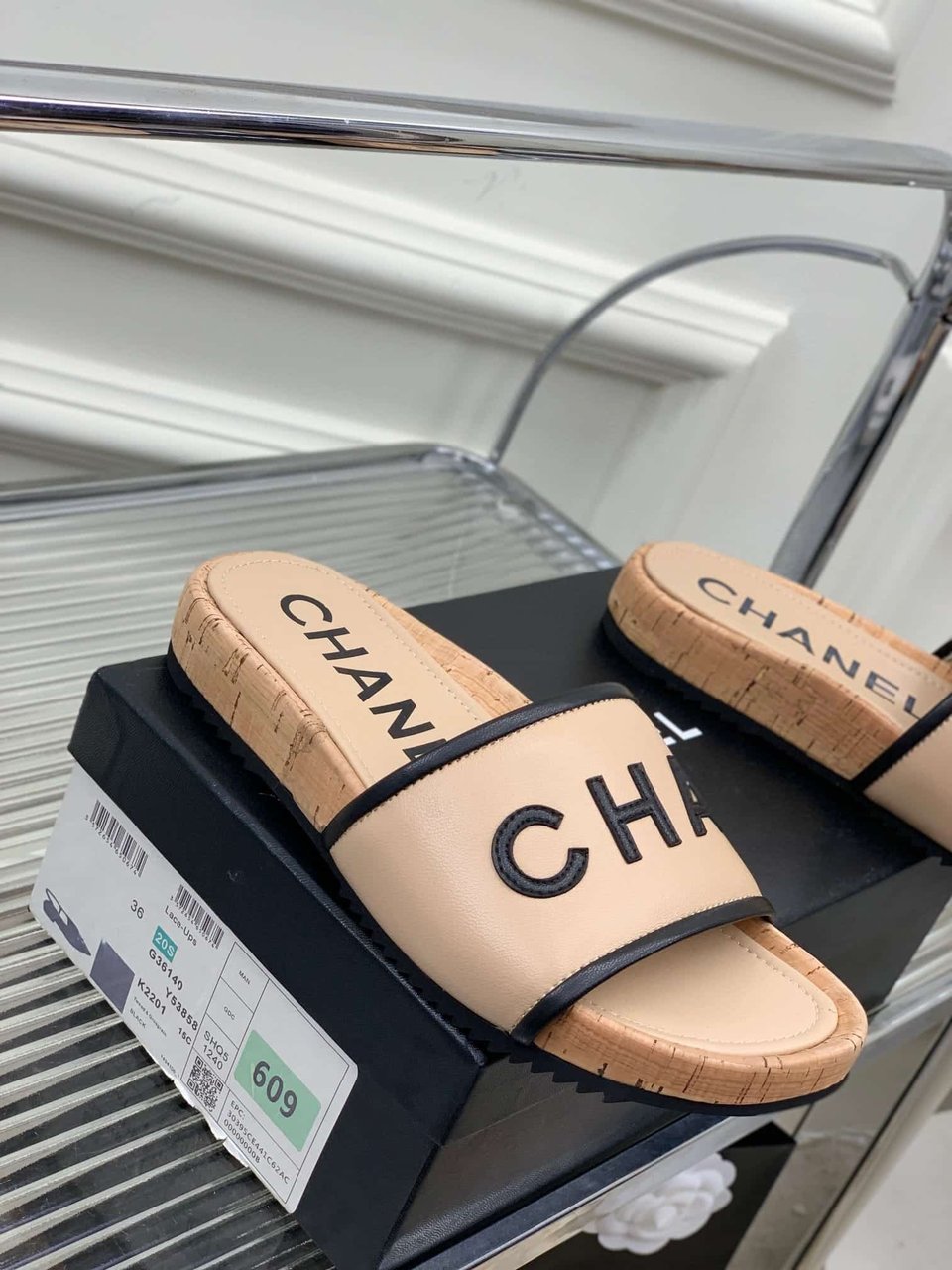 Chanel Leather Logo Cork Slide Sandals Beige view 4