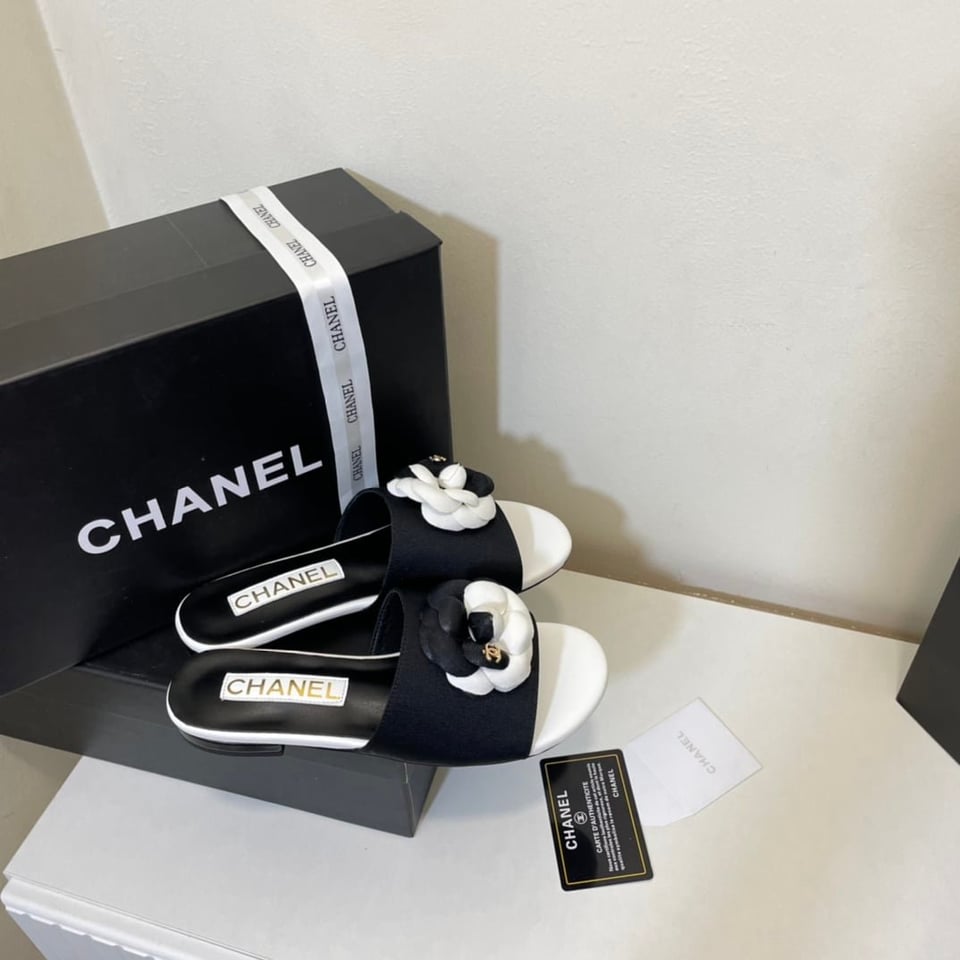 Chanel Camellia Slides Black White view 4
