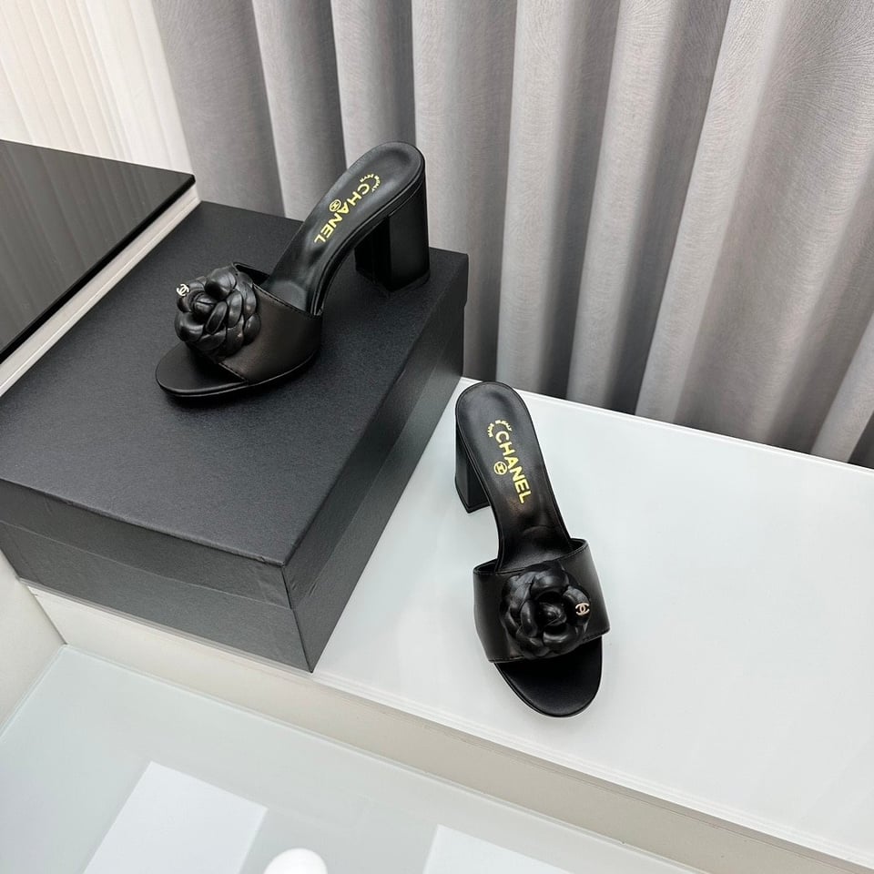 Chanel Camellia Medium Heel Slippers Black view 10