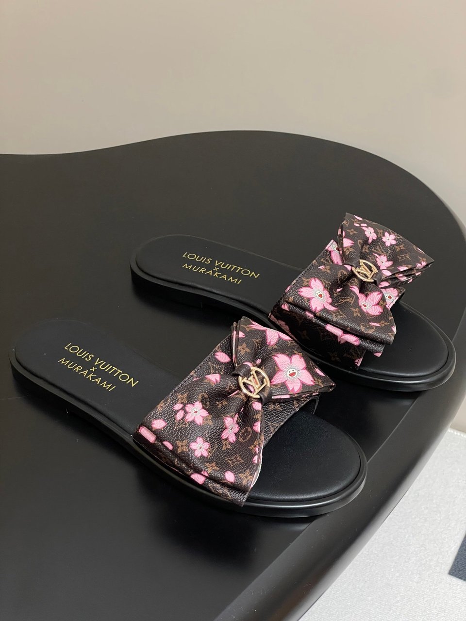 Louis Vuitton x Takashi Murakami Lily Flat Mule Bow Slide Sandals Black 1AGVYA view 7