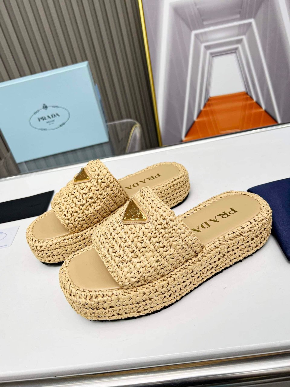 Prada Natural Crochet Platform Slides view 4