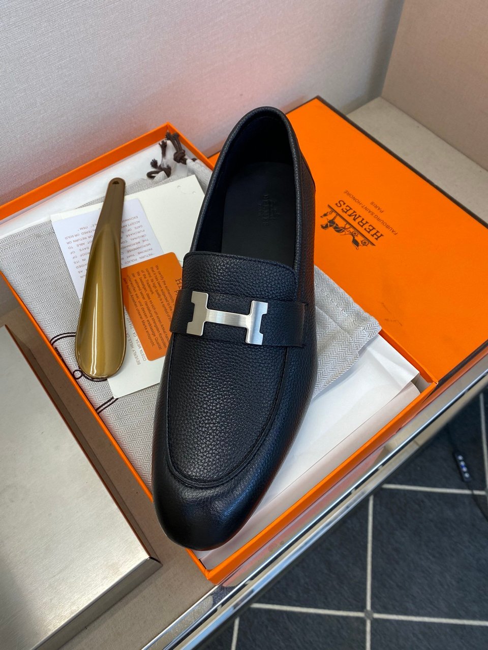 Hermes H-Buckle Black Leather Loafers- Shoes for Men view 3