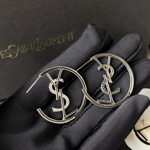 Saint Laurent Ysl Hoop Earrings With Crystal Silver Tone