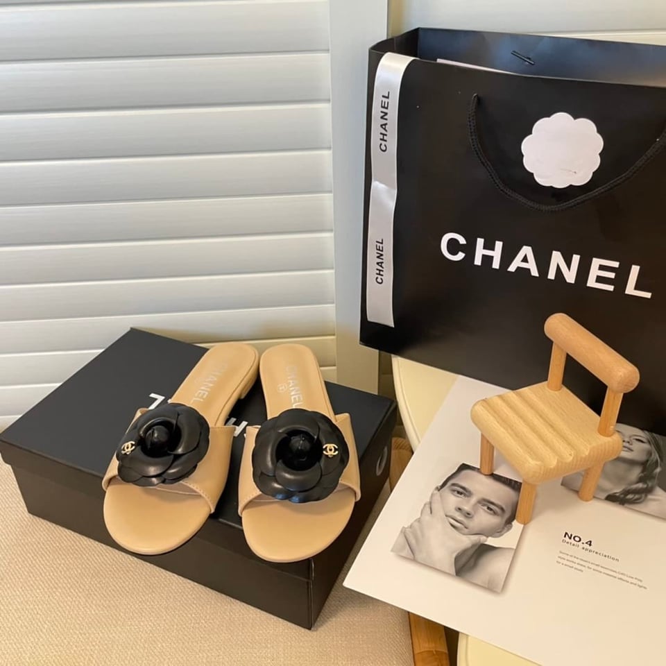 Chanel Black Camellia Slides Beige view 10