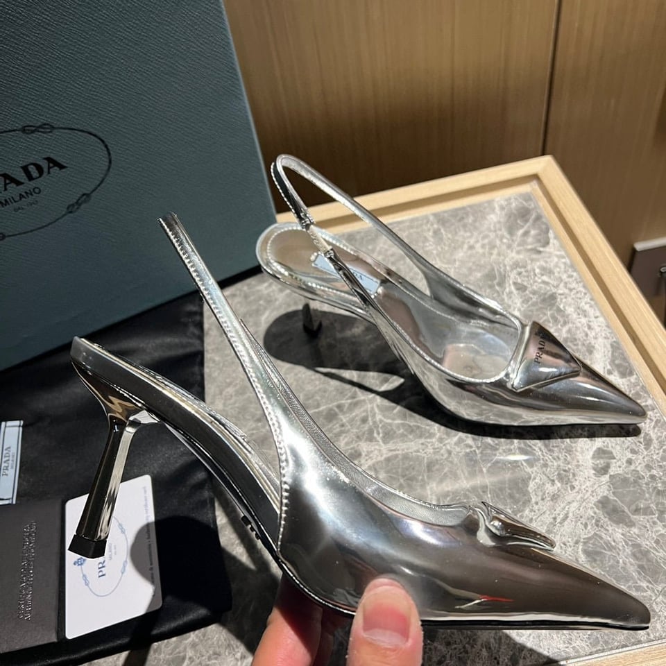 Prada Brushed Leather Slingback Pumps Silver view 8