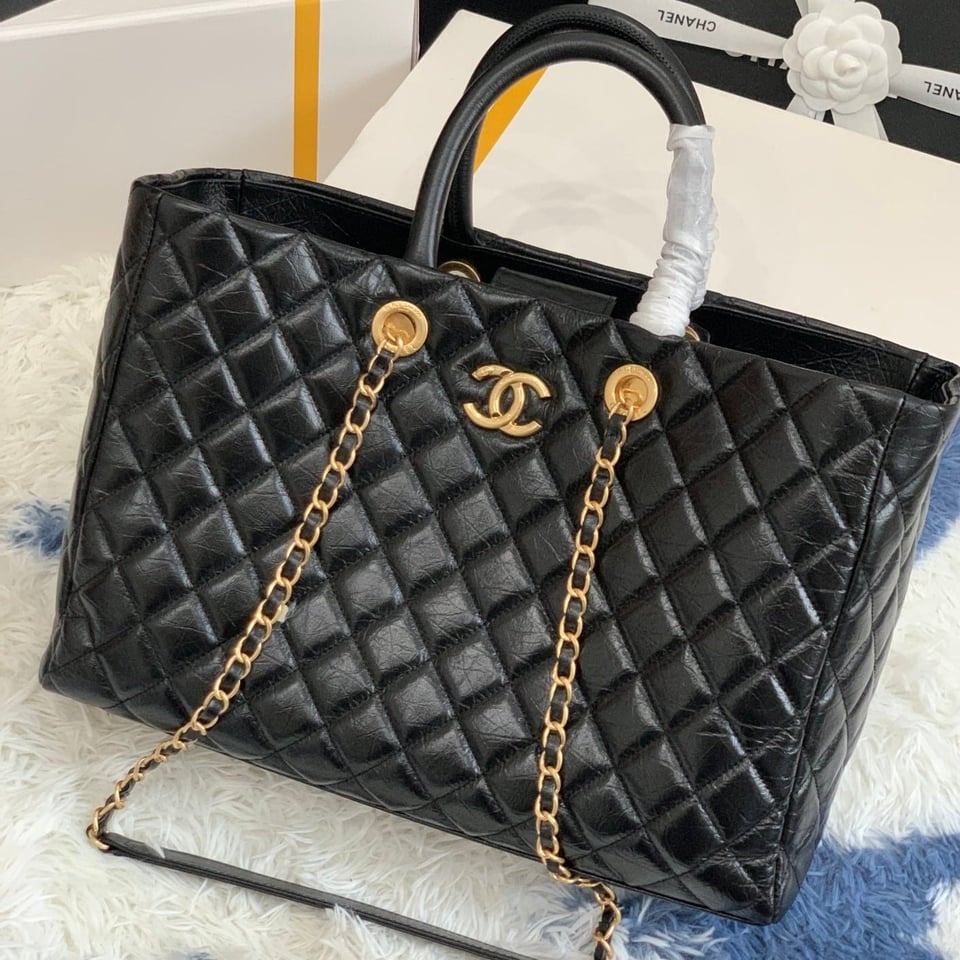 Chanel Shopping Bag 38Cm Black Quilted Aged Calfskin Ghw view 2