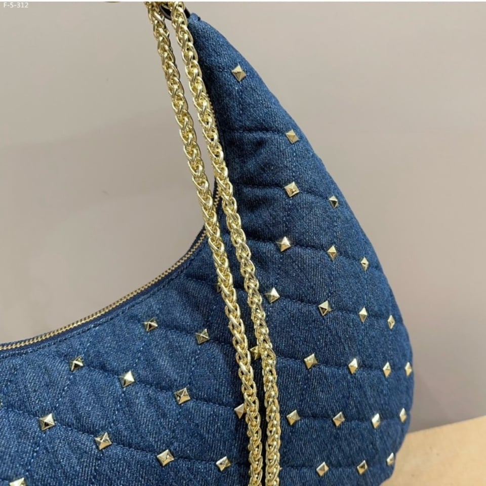 Valentino Garavani Rockstud Spike Denim Hobo Bag In Denim Blue 28Cm 3W2B0M32Bmk view 4