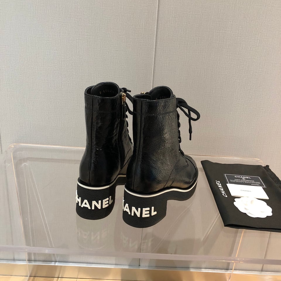 Chanel White Logo Crinkled Leather Combat Boots For Women view 4