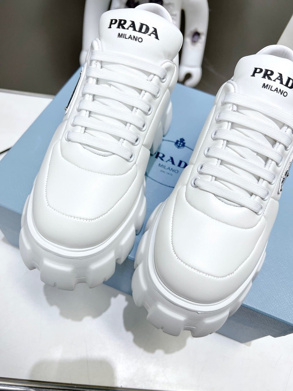 Prada Soft Padded Nappa Leather Lace Up Shoes White view 3