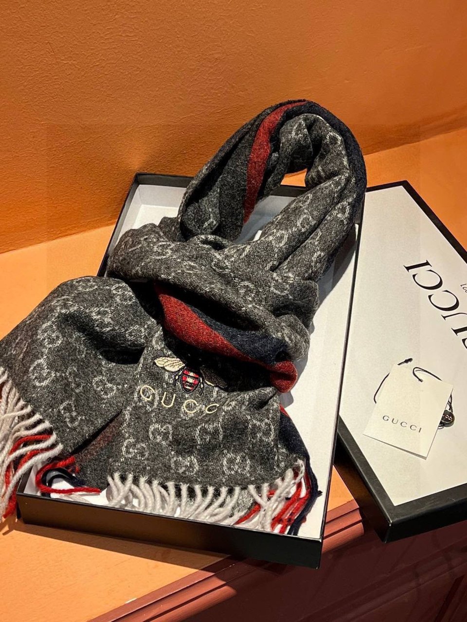 Gucci Cashmere Scarf Stripe Gray Red For Women 190cm view 4