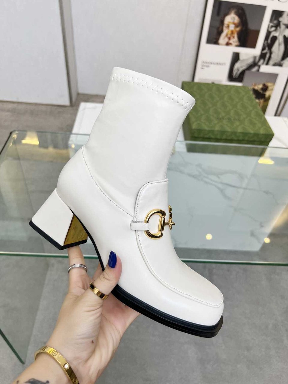 Gucci Horsebit Plaque Ankle Boots Off White view 4