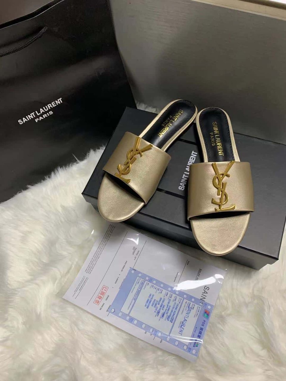 Saint Laurent Logo Slippers Metallic view 8