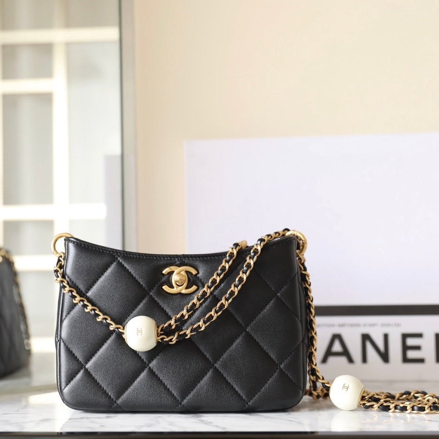 Chanel 24S Hobo Bag 19Cm Black Lambskin Pearl Ball