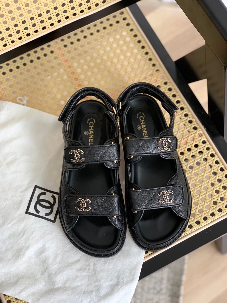 Chanel Cc Button Velcro Black Sandals Grained Calfskin Leather view 7