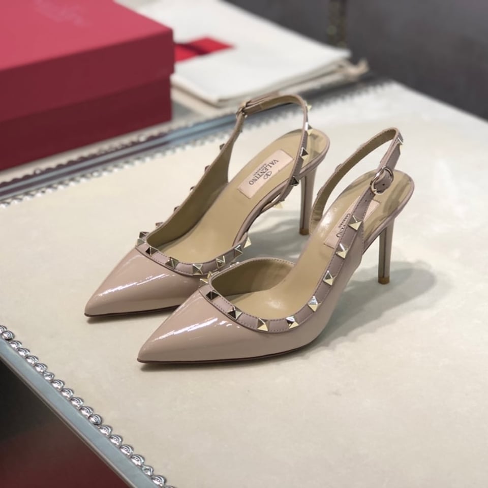 Valentino Garavani Rockstud Patent Leather Strap Pump Beige view 3