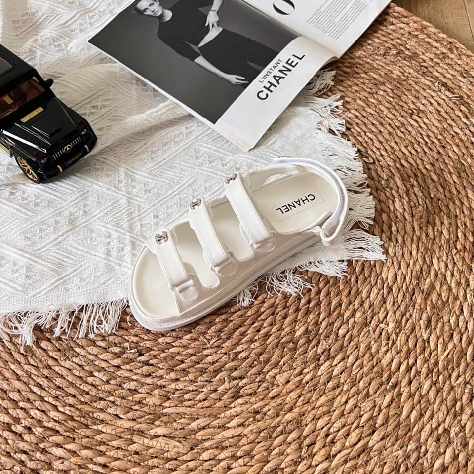 Chanel Triple Velcro Strap Sandals White G45628 view 7