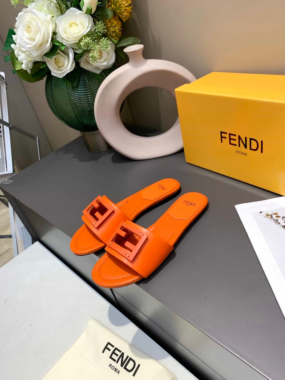 Fendi Signature Leather Sandals Slide Orange view 5