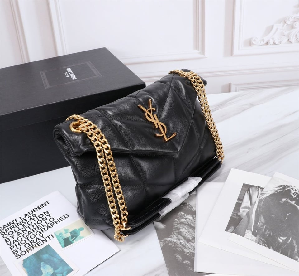 Saint Laurent Puffer Small Chain Bag In Quilted Black Gold view 7