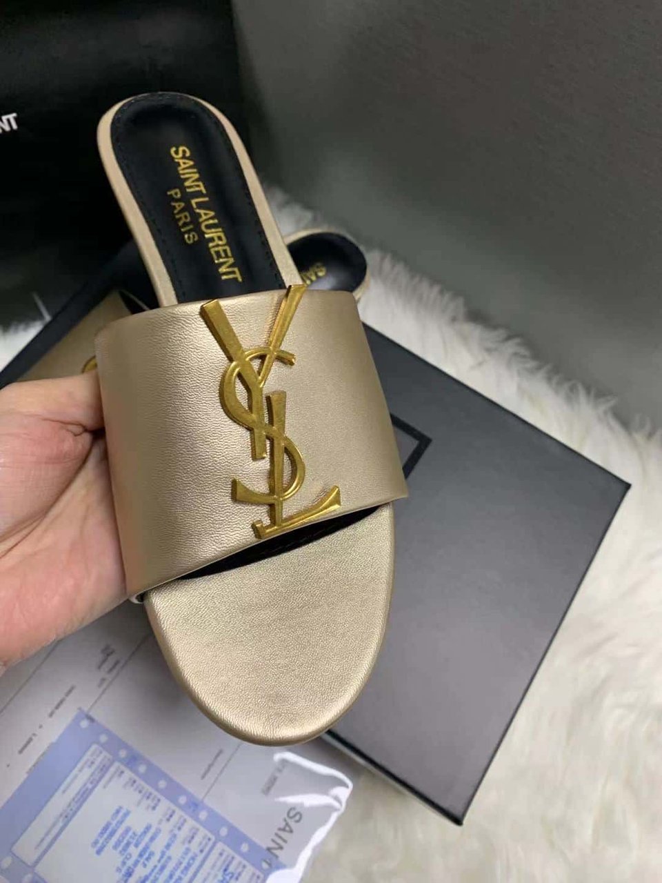 Saint Laurent Logo Slippers Metallic view 6