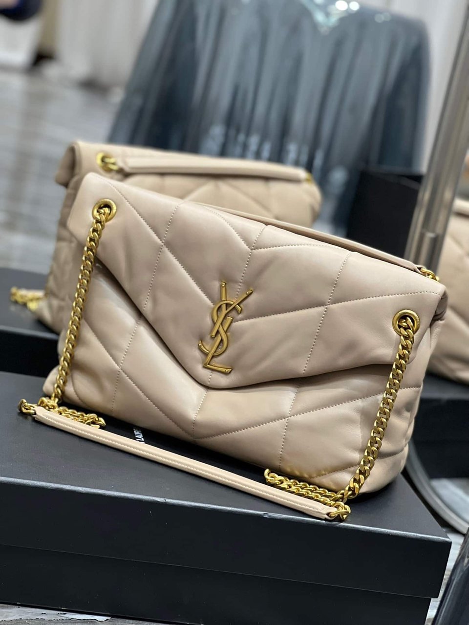 Saint Laurent Puffer Medium Chain Bag In Quilted Beige view 5