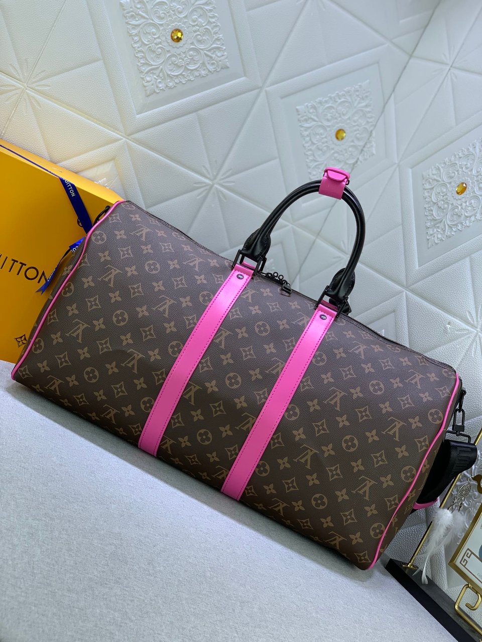 Louis Vuitton Keepall Bandoulire 50 Brown And Pink Macassar Canvas M45866 view 4