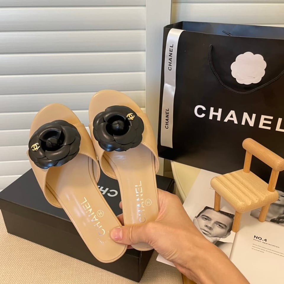Chanel Black Camellia Slides Beige view 7