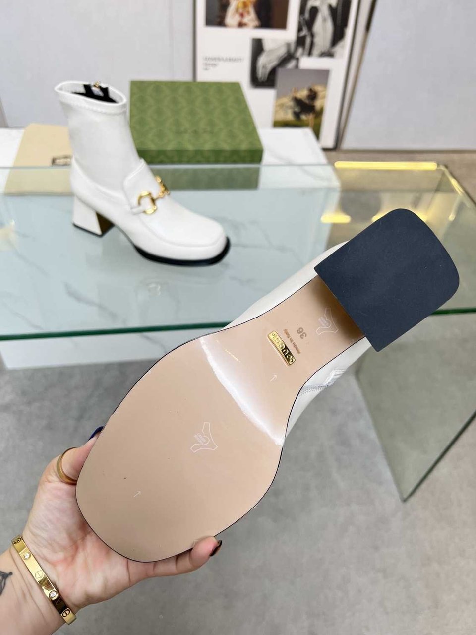 Gucci Horsebit Plaque Ankle Boots Off White view 6
