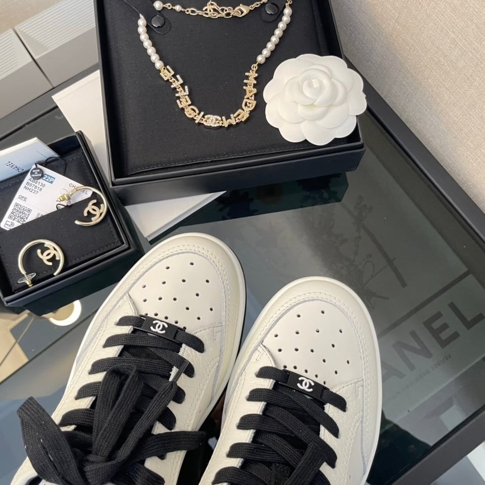 Chanel White/Black Leather Logo Sneakers view 8