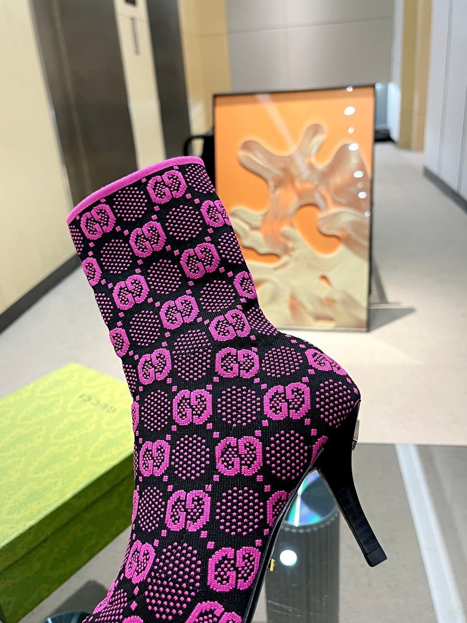 Gucci Gg 75Mm Knit Ankle Boots Black Fluorescent Pink Fabric 718378 Faaqp 8610 view 11