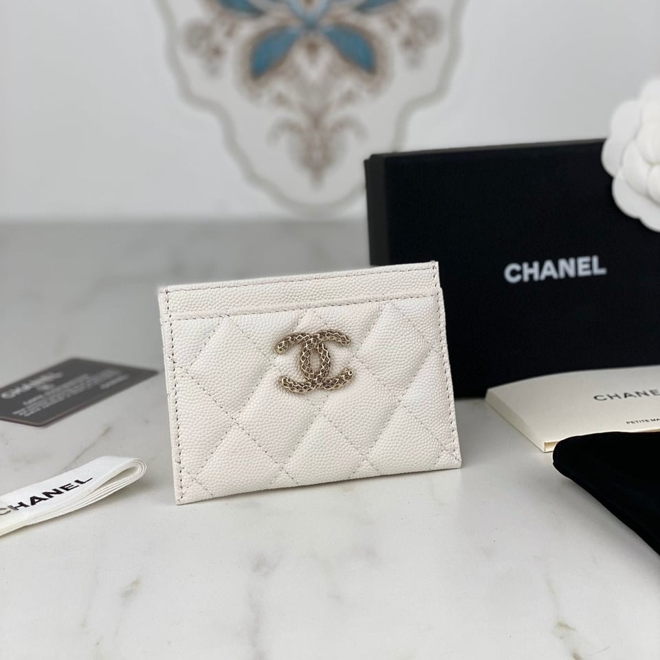 Chanel Card Holder 19.5 White Grained Calfskin Gold Icon view 2