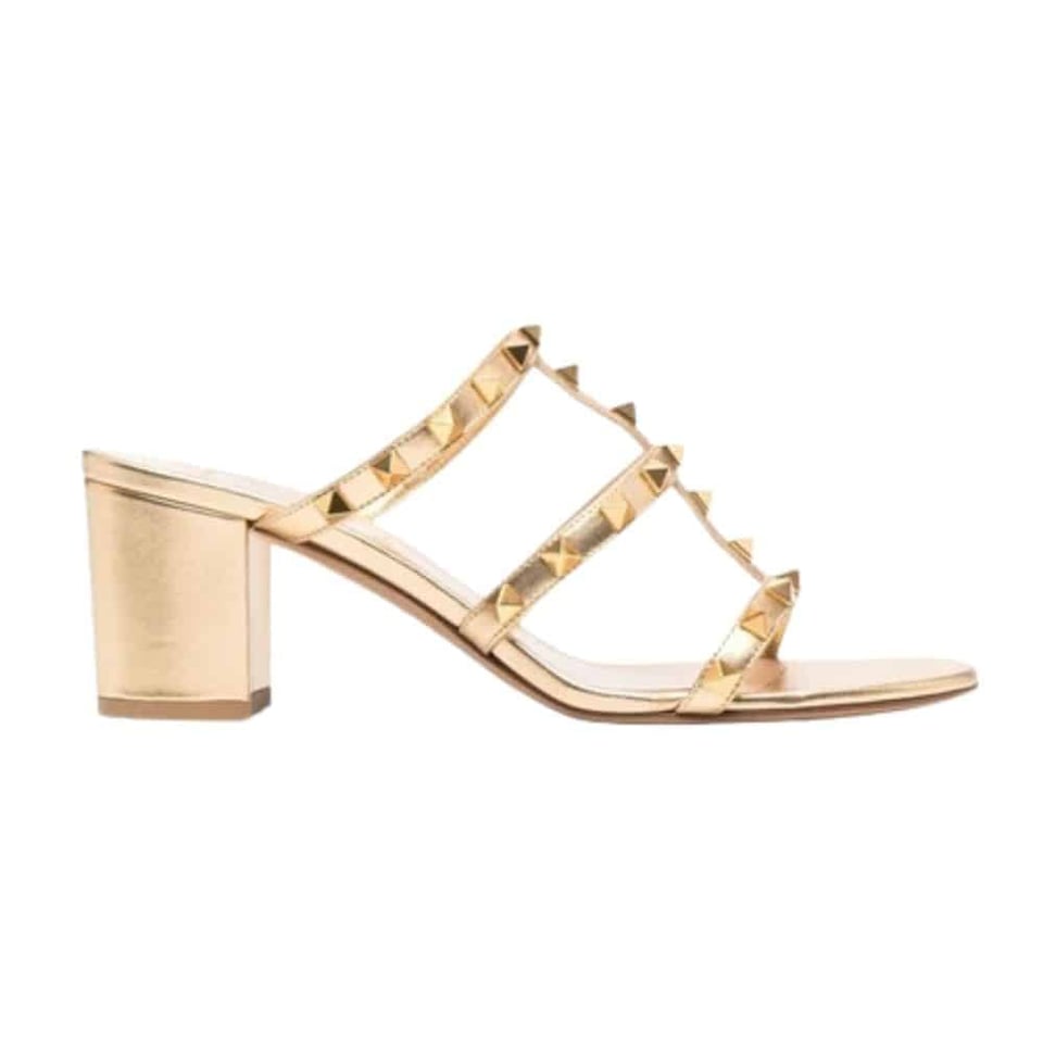 Valentino Garavani Rockstud Caged Metallic Leather Slide Sandals Gold view 2
