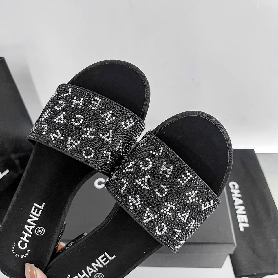 Chanel 24P Beaded Diamond Logo Slippers Black view 6