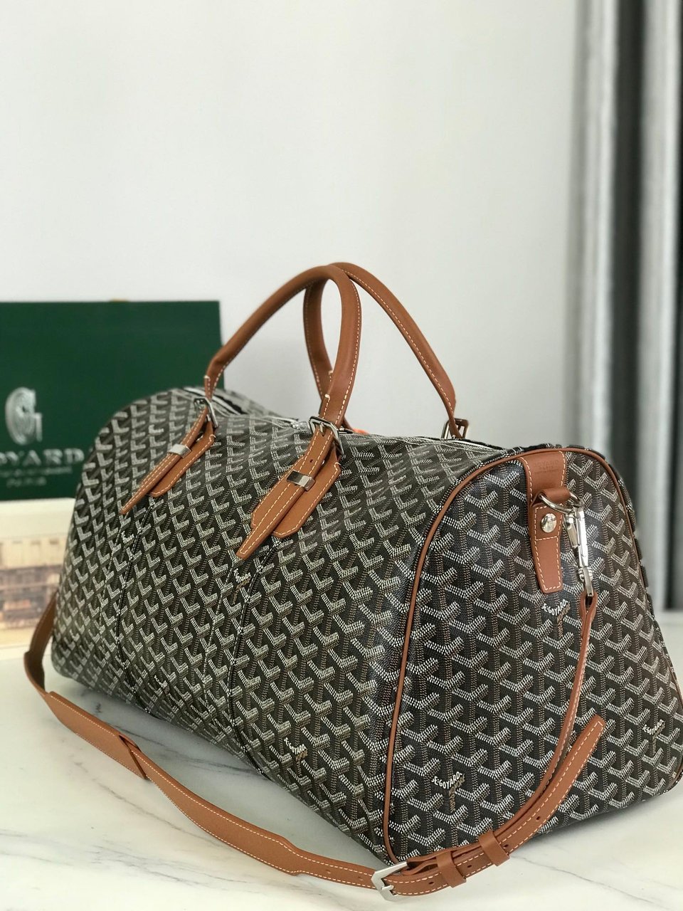 Goyard Boston 50 Bag Cm Black Goyardine Canvas And Tan Calfskin Trim view 6