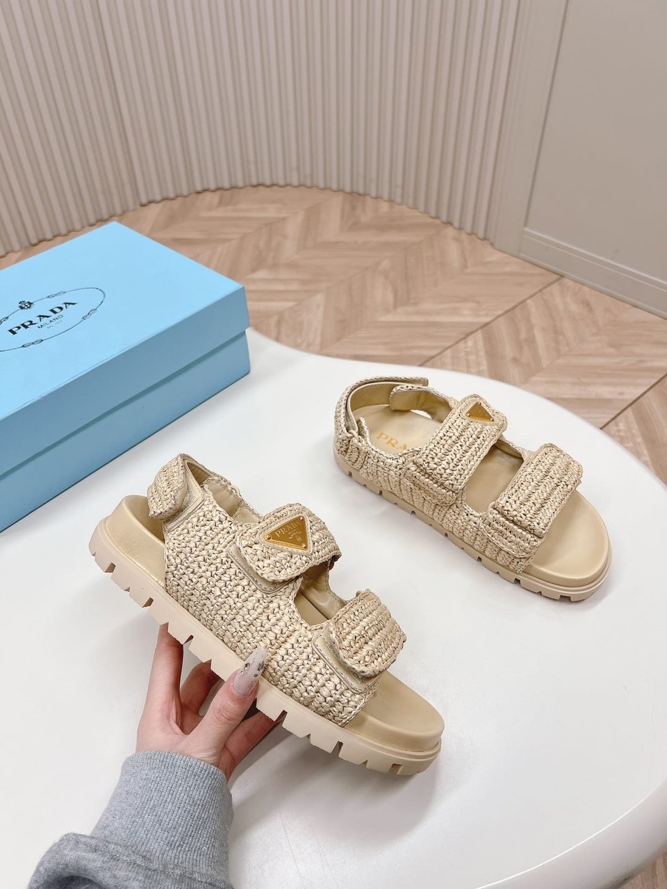 Prada Monolith Crochet Raffia Effect Sandals In Neutrals view 6