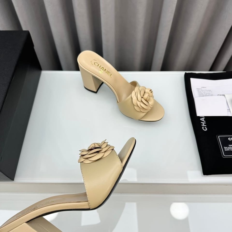 Chanel Camellia Medium Heel Slippers Beige view 11