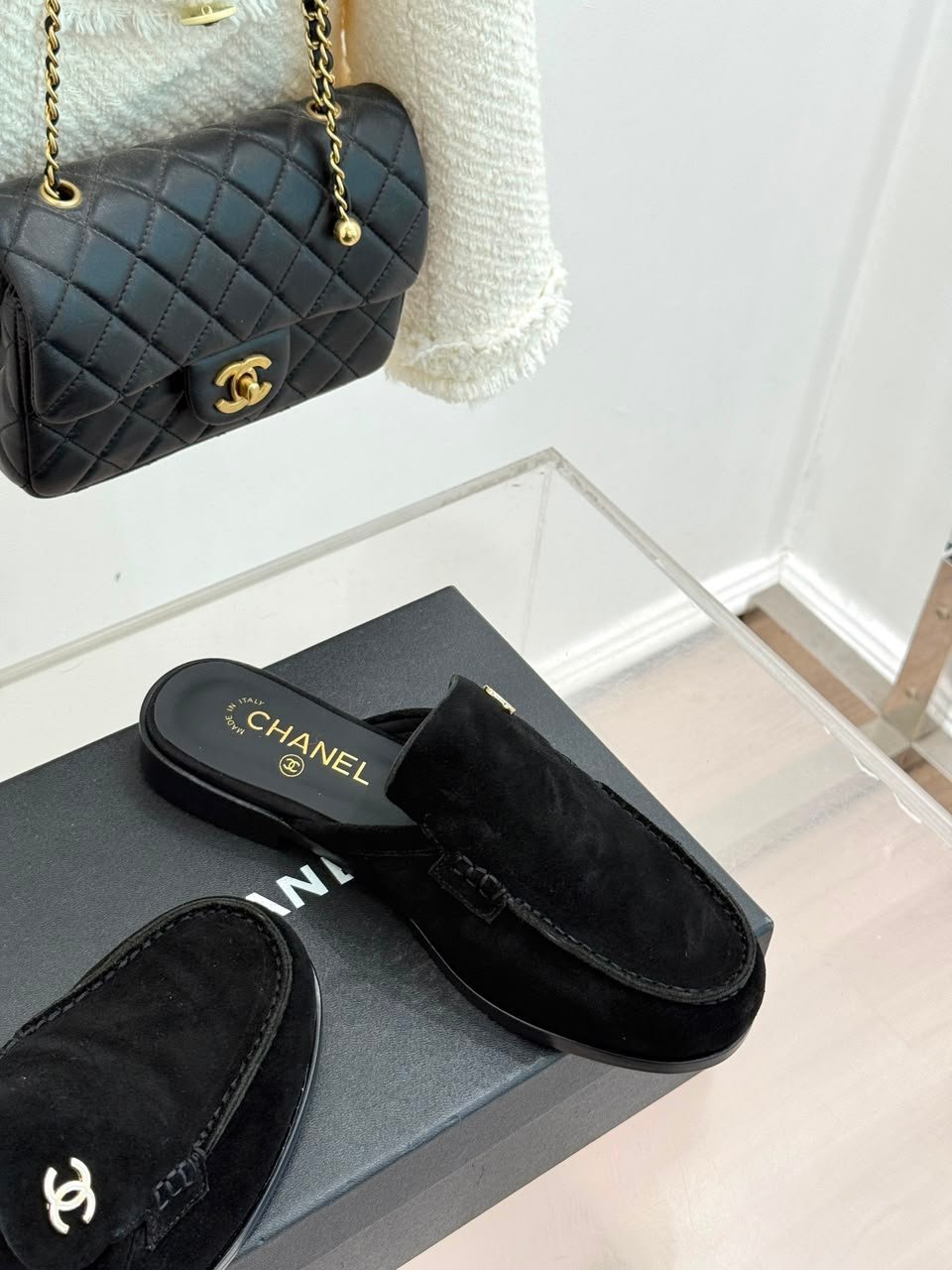 Chanel Suede Velvet Mules with CC Logo Black Suede Calfskin G39838 view 10