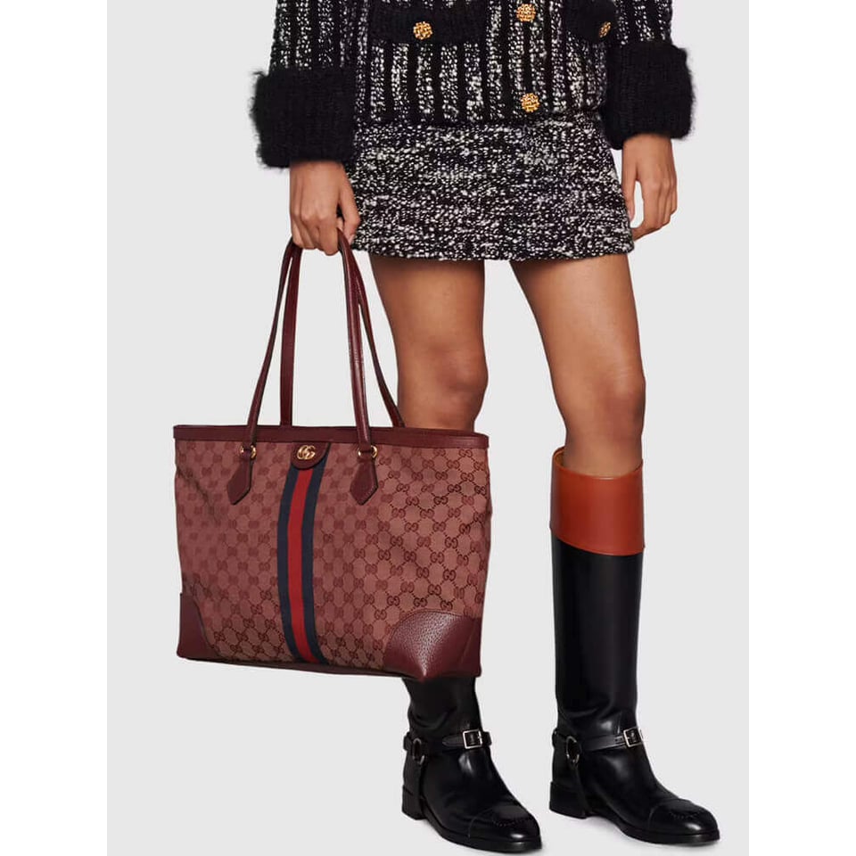 Gucci Ophidia Medium Tote With Web in Burgundy GG Canvas view 4