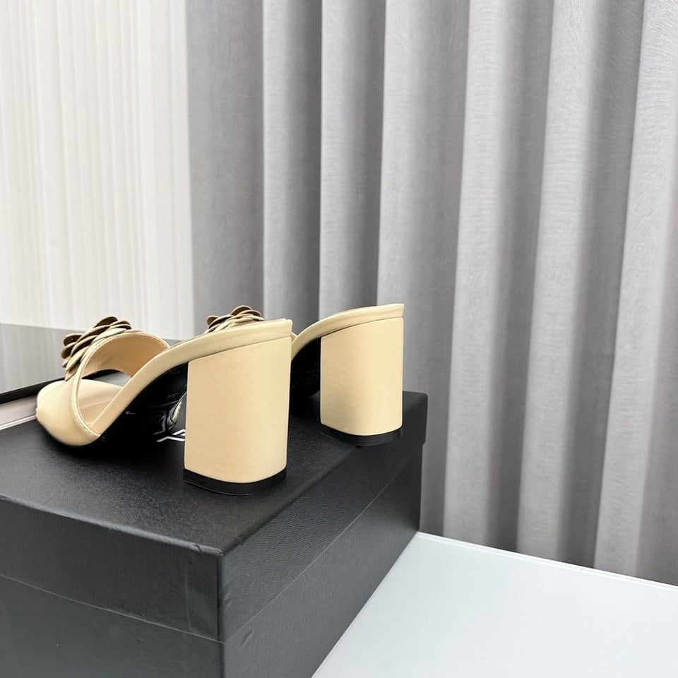 Chanel Camellia Medium Heel Slippers Beige view 10