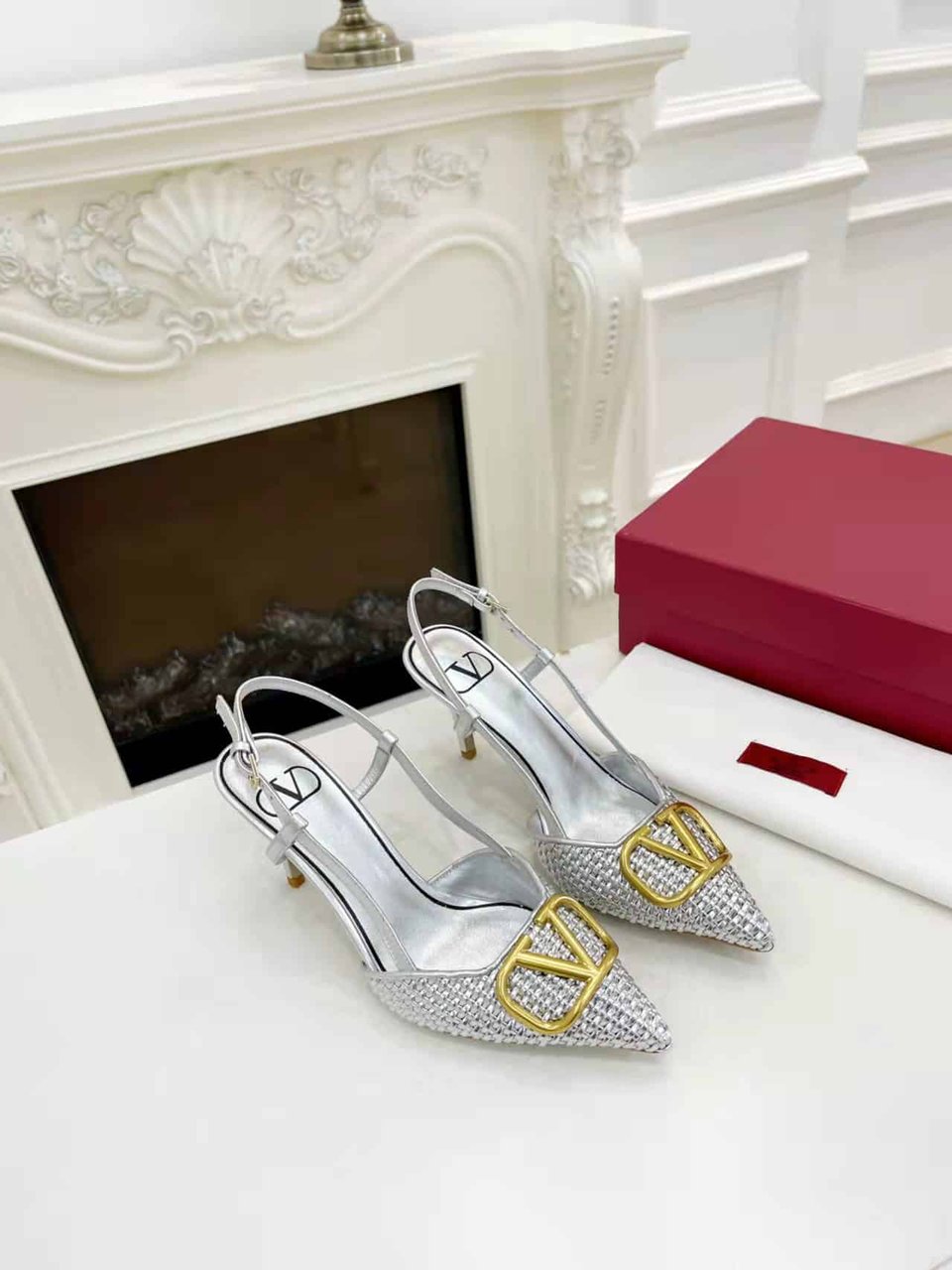 Valentino Garavani Vlogo Woven Leather Slingback Pumps Silver view 7
