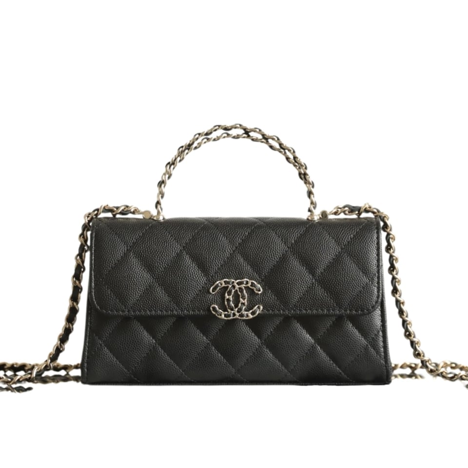 Chanel Caviar Quilted Chain Top Handle Phone Holder With Chain Black 18cm view 2