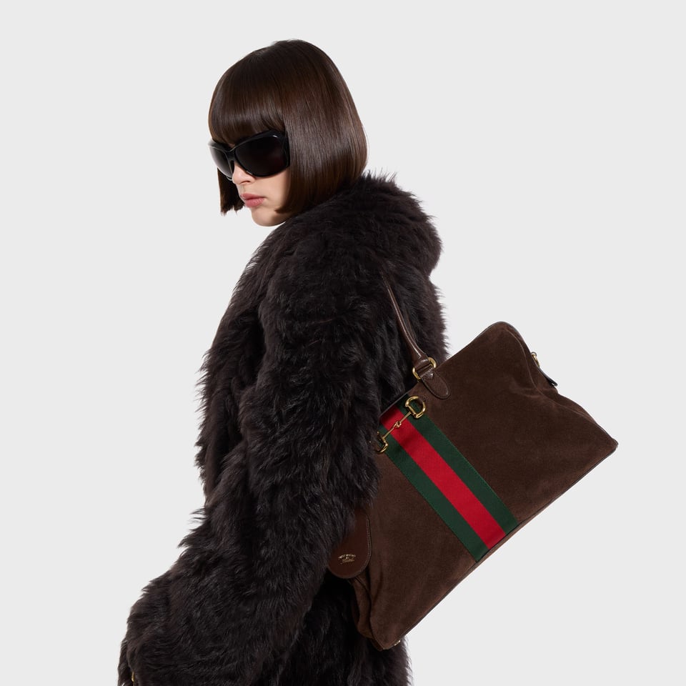 Gucci Borsetto Large Boston Bag Dark Brown Suede 38.5cm/15.2in view 2